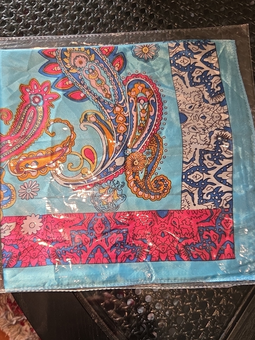 Vibrant Paisley Silk-Feel Square Scarf - Turquoise, Pink & Blue 19x 19 In